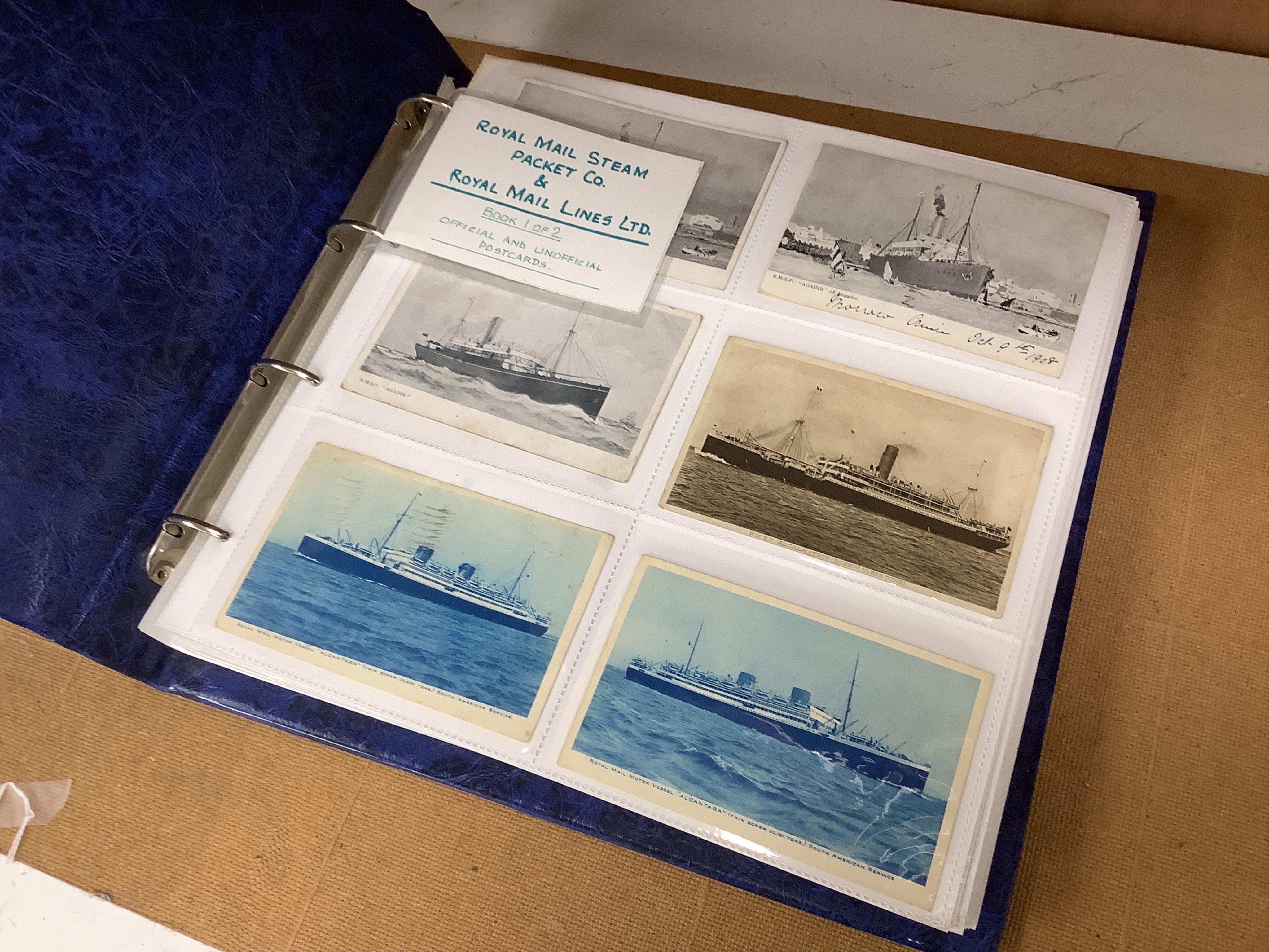 A box and two folders of postcards and a few cigarette cards, mainly relating to the Royal Mail Steam Packet Company and Royal Mail Lines Ltd., including a good quantity of 1930s and later postcards of cruise ships, many